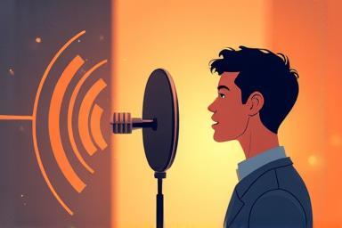 Person speaking into a podcast microphone